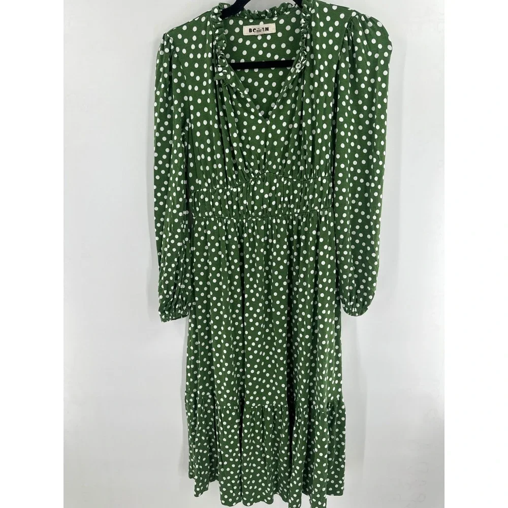 Boden Rosamund‎ Jersey Midi Tea Dress Green Polka Dot 2P